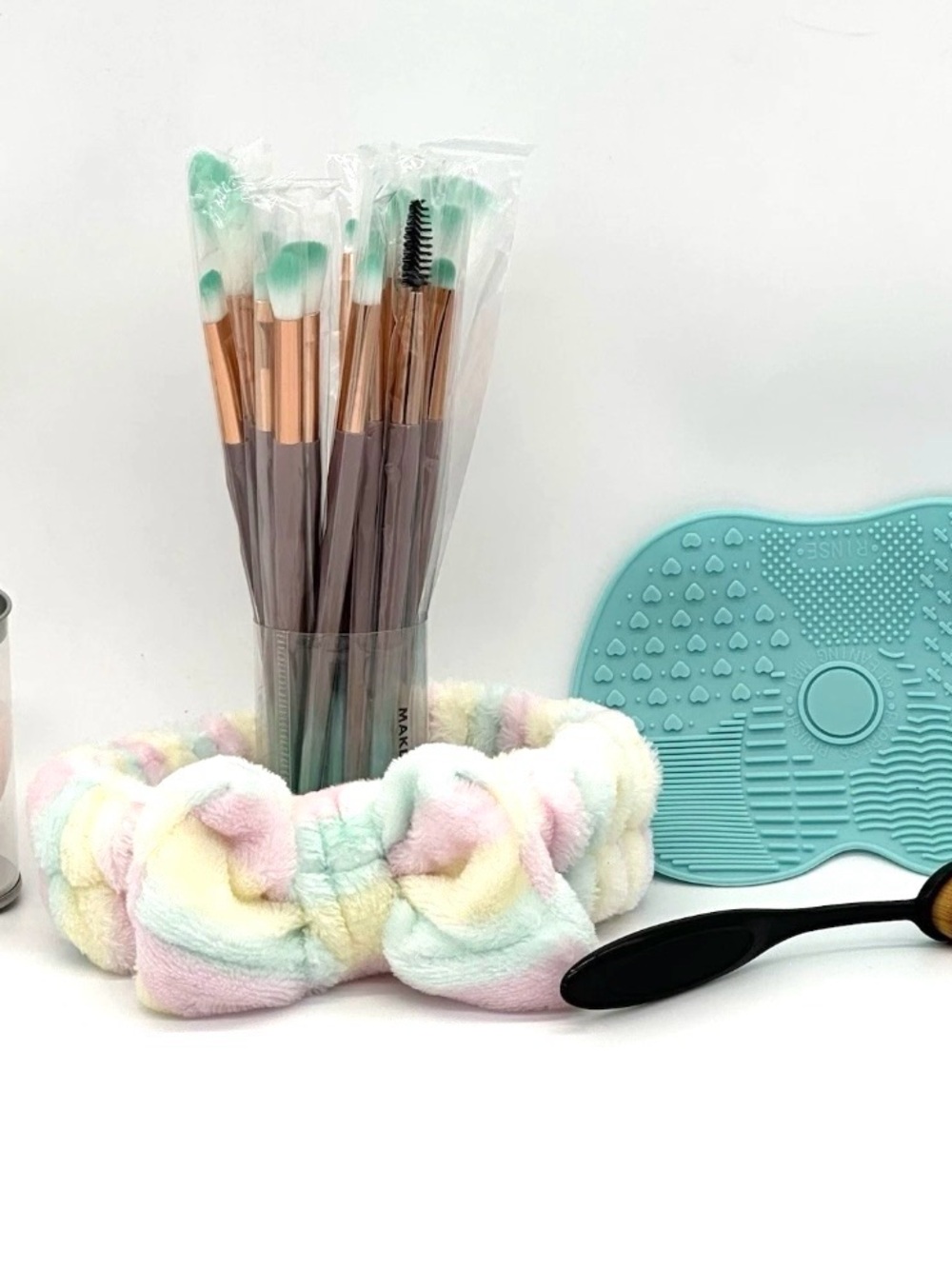 24 pc Pastel Mint & Pink Makeup Brush Set Tools with Plush Headband